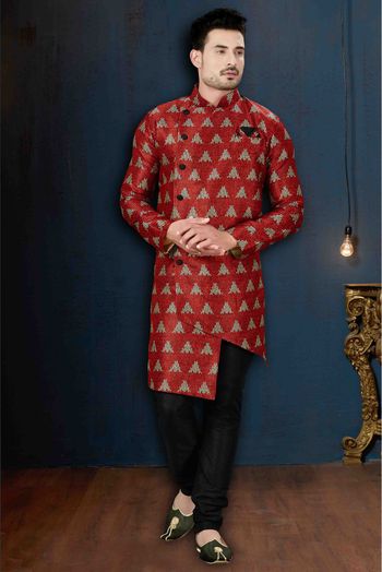 Silk Party Wear Indo Western Sherwani In Red Colour