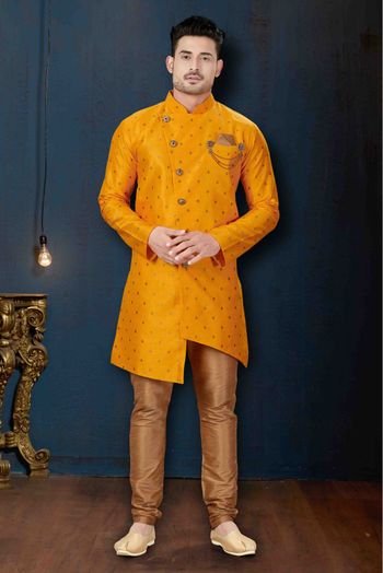 Silk Party Wear Indo Western Sherwani In Yellow Colour