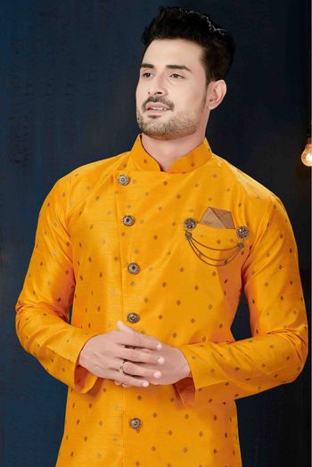 Silk Party Wear Indo Western Sherwani In Yellow Colour