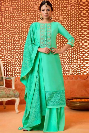 Silk Sharara Suit In Green Colour