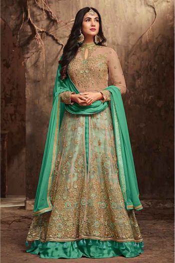 Sonal Chauhan Net Anarkali Suit In Beige and Green Colour