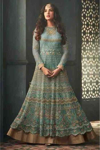 Sonal Chauhan Net Anarkali Suit In Sky Blue Colour - SM4370458