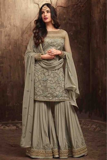 Sonal Chauhan Net Sharara Suit In Grey Colour