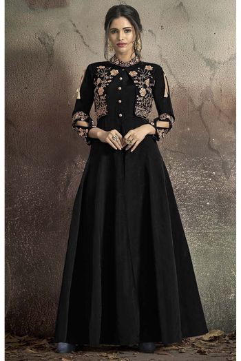 Taffeta Silk Embroidery Gown In Black Colour