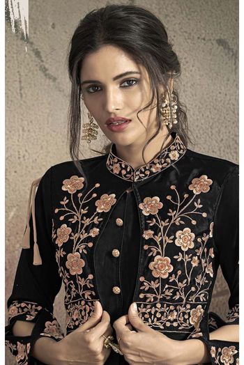 Taffeta Silk Embroidery Gown In Black Colour