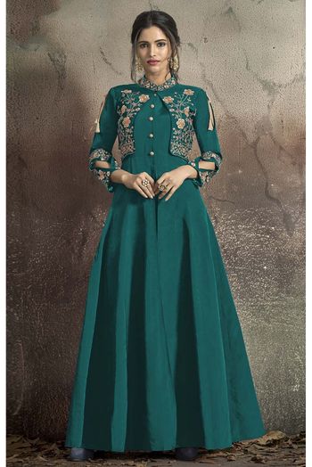 Taffeta Silk Embroidery Gown In Green Colour