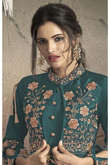 Taffeta Silk Embroidery Gown In Green Colour