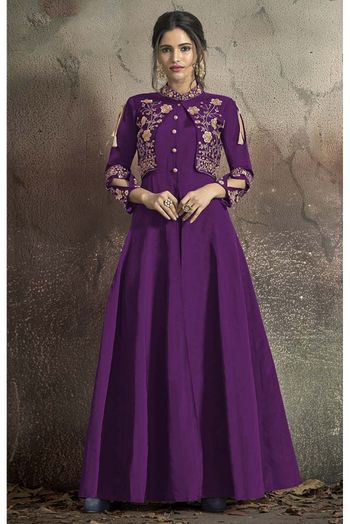 Taffeta Silk Embroidery Gown In Purple Colour
