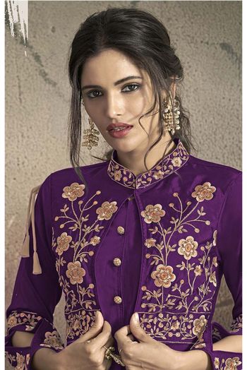 Taffeta Silk Embroidery Gown In Purple Colour