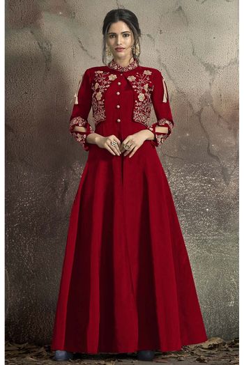 Taffeta Silk Embroidery Gown In Red Colour - GW1353035