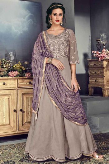 Tussar Silk Anarkali Suit In Grey Colour