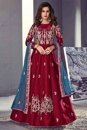 Tussar Silk Anarkali Suit In Maroon Colour