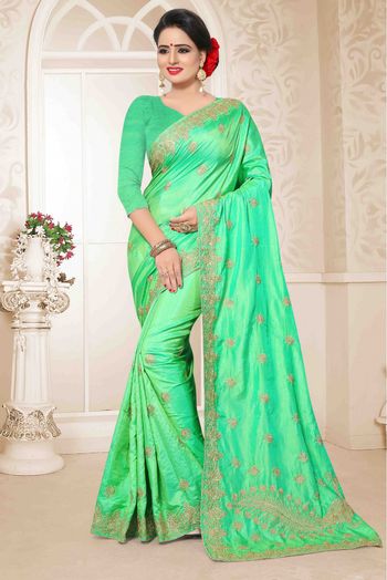 Two Tone Silk Embroidery Saree In Green Colour