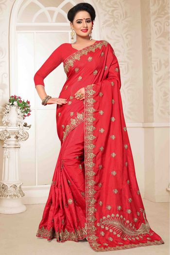 Two Tone Silk Embroidery Saree In Red Colour