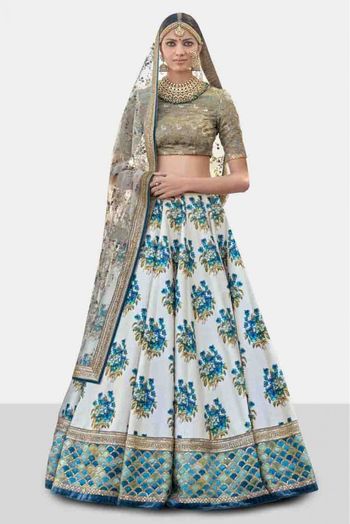 Banglori Silk and Art Silk A Line Lehenga Choli In Off White and Blue Colour