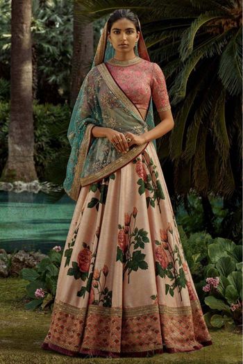 Teal Green and Peach Lehenga Chunni Set - Rana's by Kshitija | Peach lehenga,  Combination dresses, Peach colour combinations