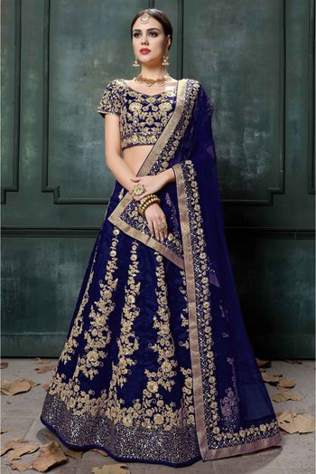 Raw Silk Embroidery Lehenga Choli In Blue Colour