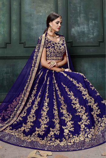 Raw Silk Embroidery Lehenga Choli In Blue Colour