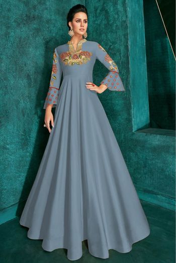 Silk Embroidery Gown In Grey Colour