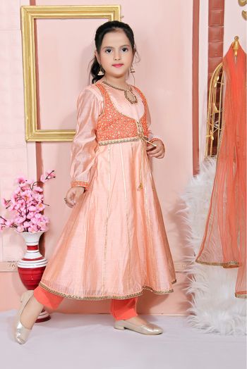 Chanderi Silk Embroidery Anarkali Suit In Peach Colour