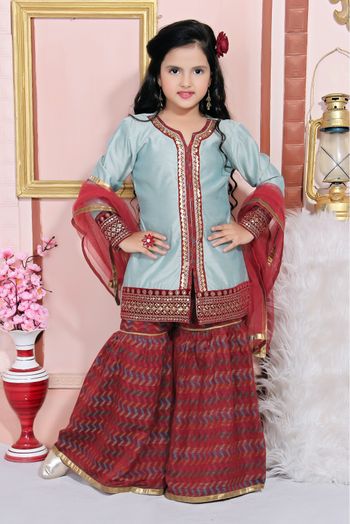 Chanderi Silk Embroidery Sharara Suit In Grey Colour