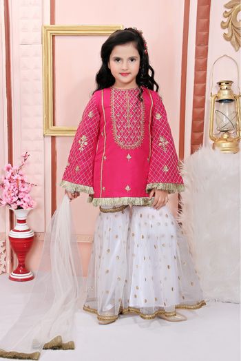 Cotton Silk Embroidery Sharara Suit In Pink Colour