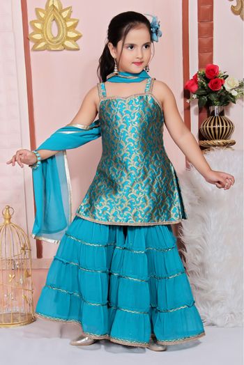 Jacquard Embroidery Sharara Suit In Teal Blue Colour