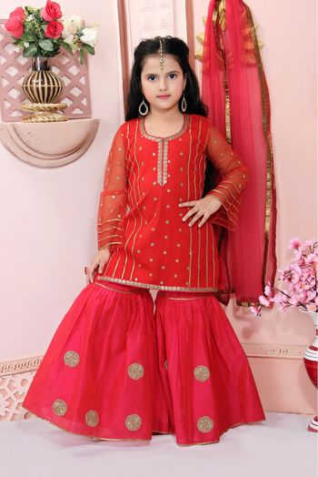 Net Embroidery Sharara Suit In Red Colour