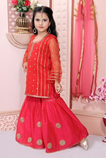 Net Embroidery Sharara Suit In Red Colour