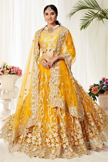 Net and Silk Satin Lehenga Choli In Yellow Colour