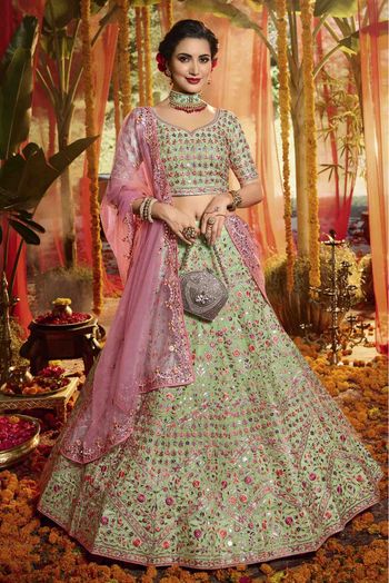 Pure Organza Embroidery Lehenga Choli In Green Colour