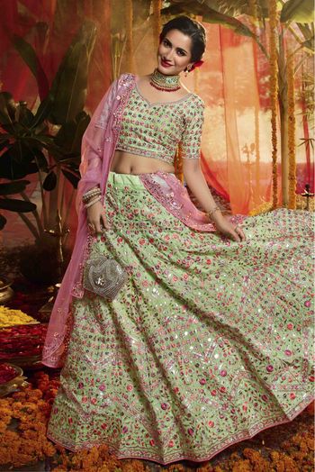 Pure Organza Embroidery Lehenga Choli In Green Colour