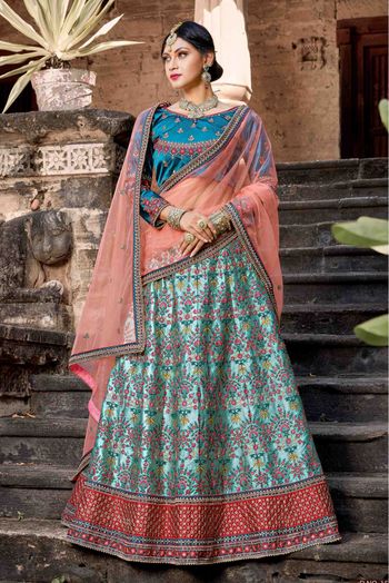 Pure Satin Resham Work Lehenga Choli In Sky Blue Colour - LD4900110