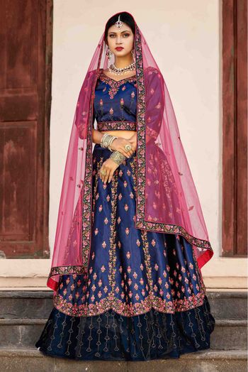 Pure Satin Thread Work Lehenga Choli In Navy Blue Colour - LD4900111