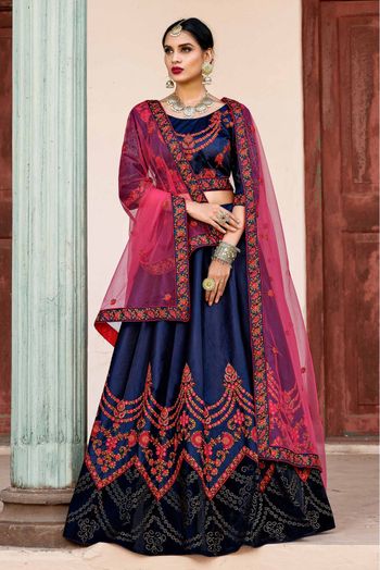 Pure Satin Thread Work Lehenga Choli In Navy Blue Colour - LD4900112