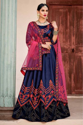 Pure Satin Thread Work Lehenga Choli In Navy Blue Colour - LD4900112