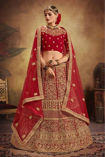 Pure Velvet Embroidery Lehenga Choli In Red Colour - LD4900182