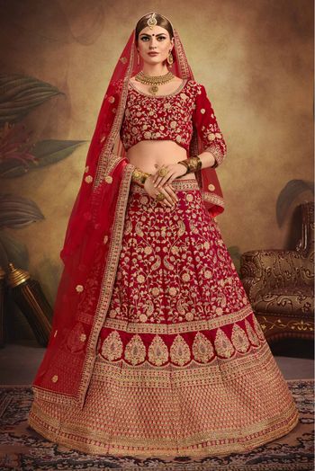 Pure Velvet Embroidery Lehenga Choli In Red Colour - LD4900185