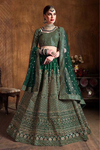 Raw Silk Lehenga Choli In Green Colour