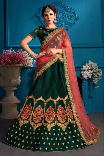 Satin Embroidery Lehenga Choli In Green Colour - LD4900220