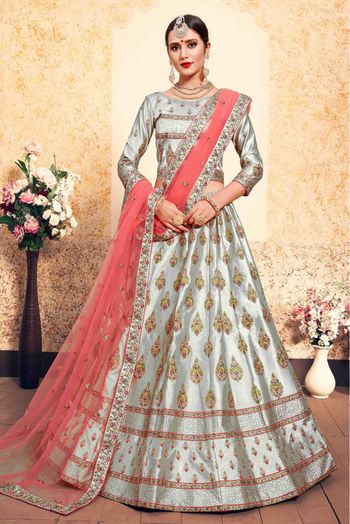 Satin Embroidery Lehenga Choli In Grey Colour - LD4900125