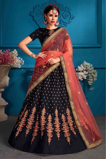 Satin Embroidery Lehenga Choli In Navy Blue Colour - LD4900221