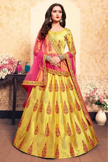 Satin Embroidery Lehenga Choli In Yellow Colour - LD4900135