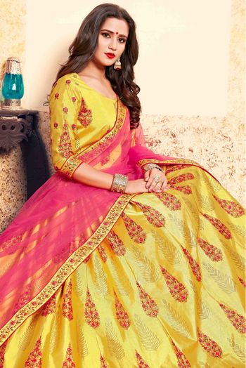 Satin Embroidery Lehenga Choli In Yellow Colour - LD4900135