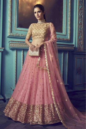 Buy Dusty Pink Mirror Work Silk Reception Wear Lehenga Choli From Ethnic  Plus