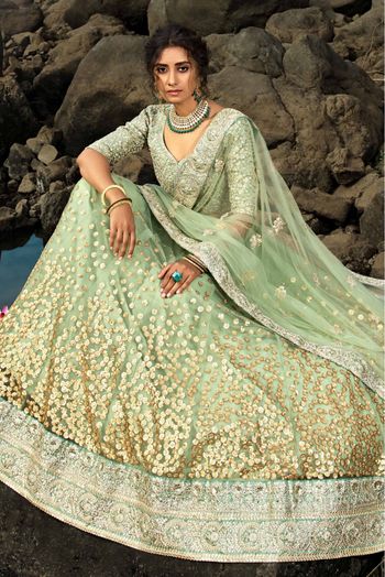 Soft Net Sequins Work Lehenga Choli In Green Colour - LD4900099