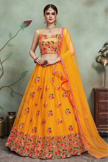 Soft Net Sequins Work Lehenga Choli In Mustard Colour - LD4900080