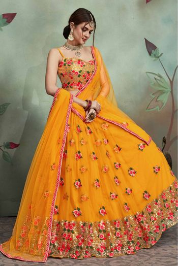 Soft Net Sequins Work Lehenga Choli In Mustard Colour - LD4900080