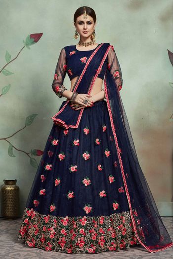 Soft Net Sequins Work Lehenga Choli In Navy Blue Colour