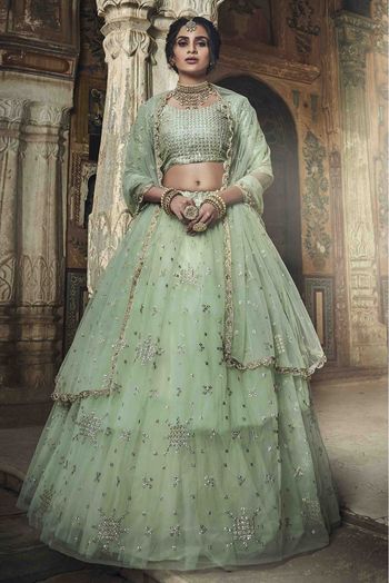 Soft Net Sequins Work Lehenga Choli In Sea Green Colour